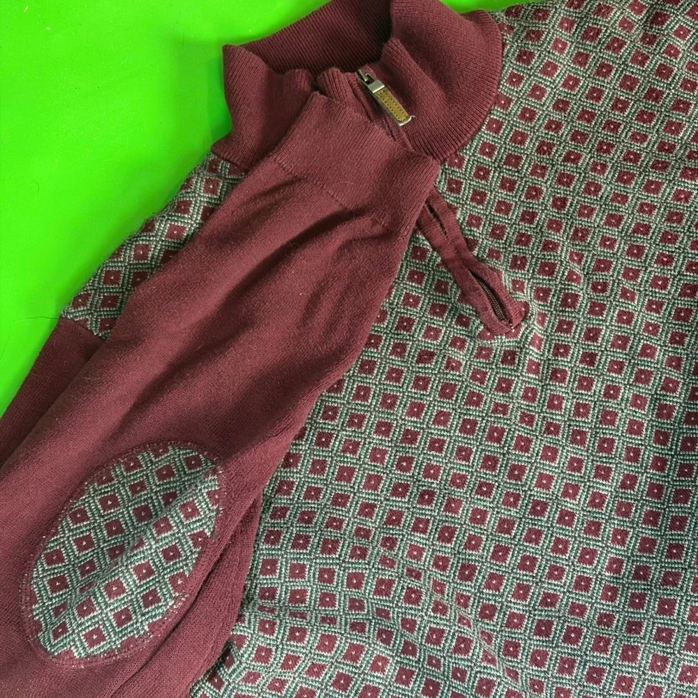 Tasso Elba 1/4 Zip Cotton Sweater Mens L Burgundy Geometric AOP Elbow Patches